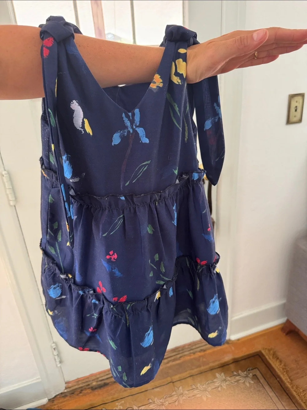 Girls Navy Floral dress with additional shoulder tie and flowers